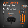 An orange remote dog training collar is shown next to its receiver, highlighting long battery life features.