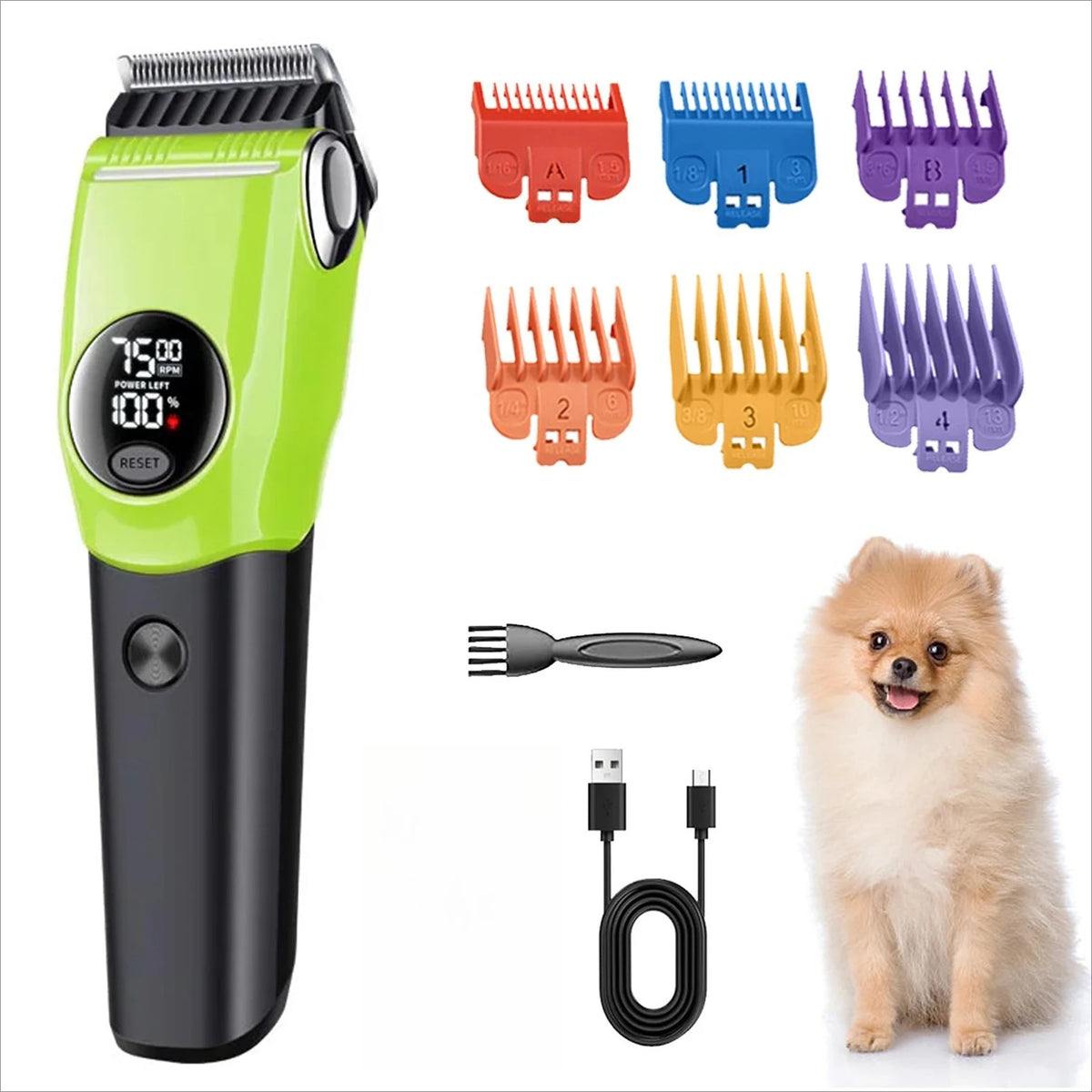 A professional pet hair clipper with various attachments and a dog sitting next to it.