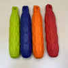 Four brightly colored durable EVA chew toys for large dogs in lime green, blue, orange, and red.