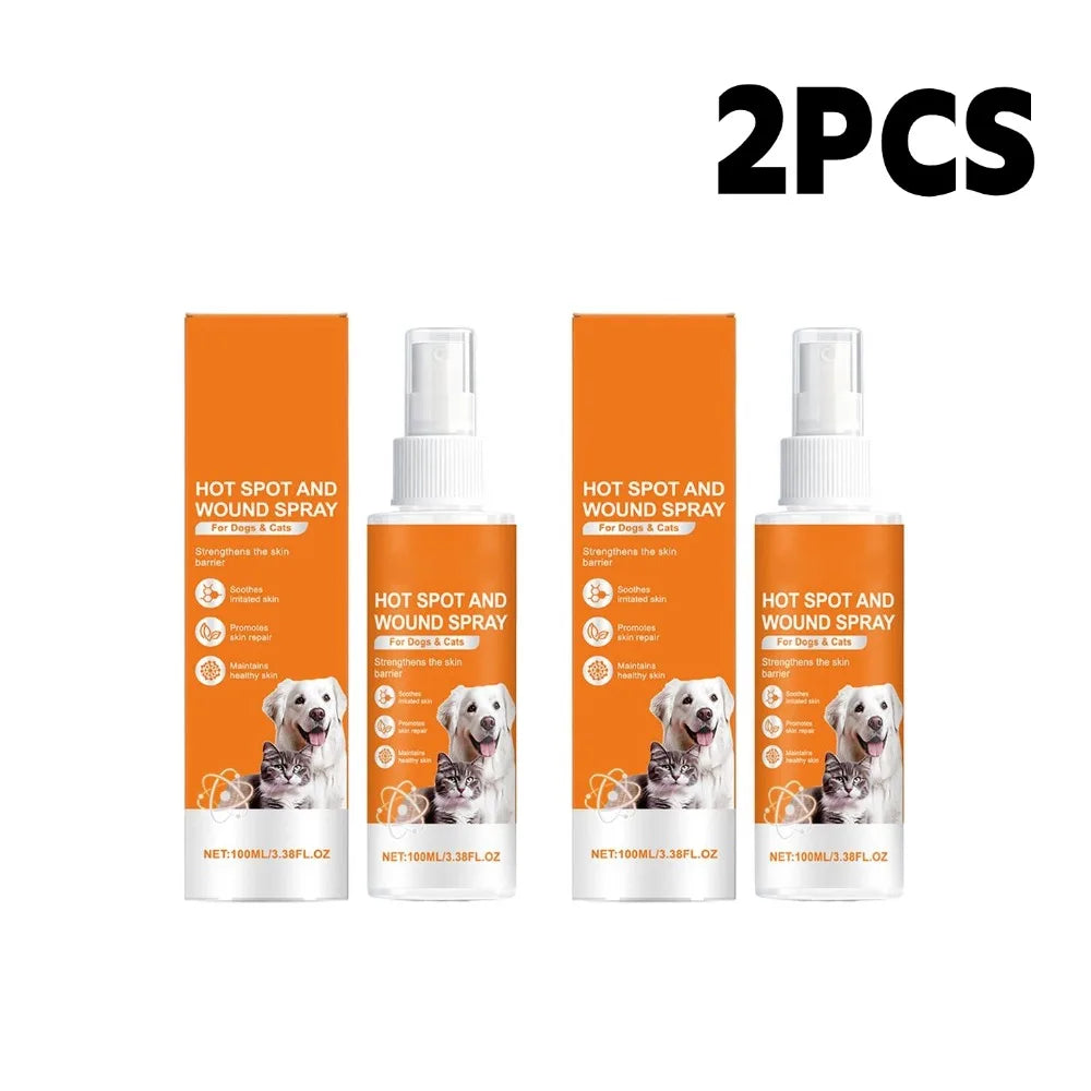 Two bottles of Hot Spot and Wound Spray for dogs and cats with orange labels
