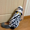 A plush cat costume resembling a leopard or cheetah with black and white spots, gray fur, and a hood.