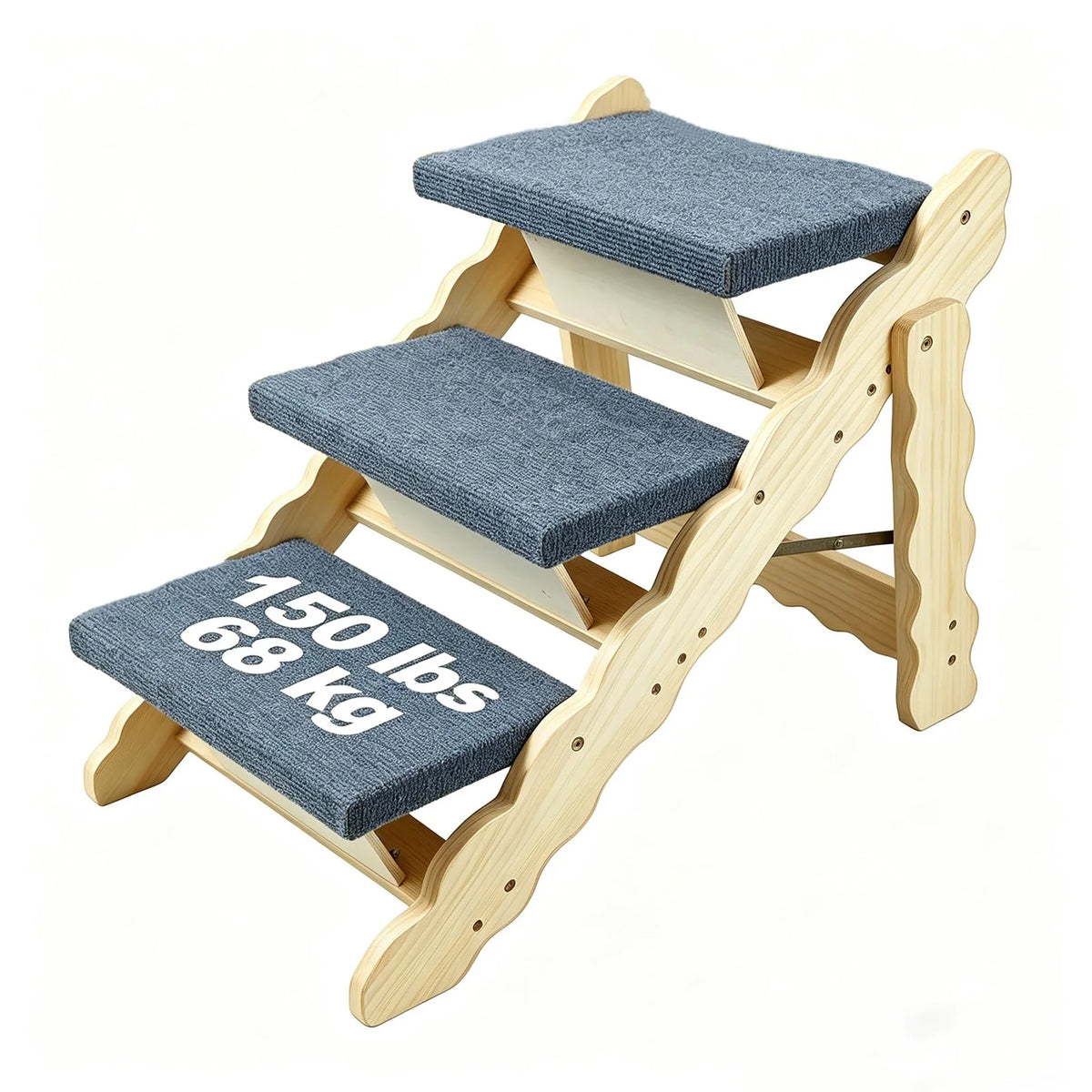 Holztreppe und faltbare Hundeschlitten mit grauem Stoff für das Klettern