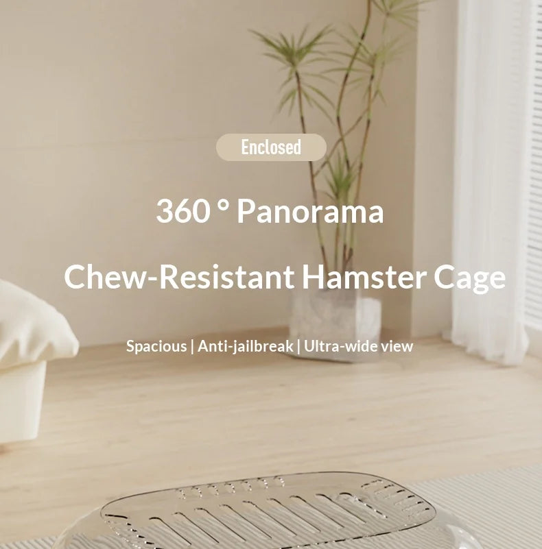 A chew-resistant hamster cage with a 360 degree panorama view shown in a bright indoor setting.