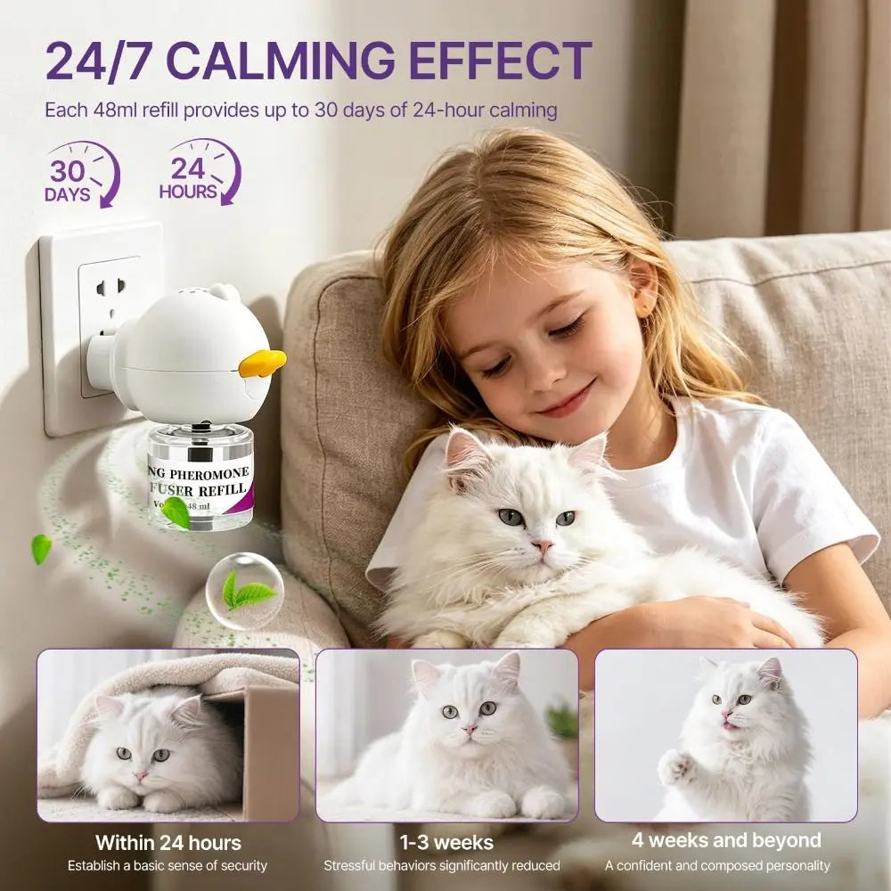 A young girl is holding a white cat while a plug-in calming diffuser refill kit is shown, demonstrating a 24/7 calming effect