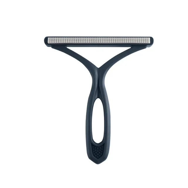 A dark gray 2-in-1 pet hair remover and fabric shaver tool with a flat shaving plate and a curved handle.