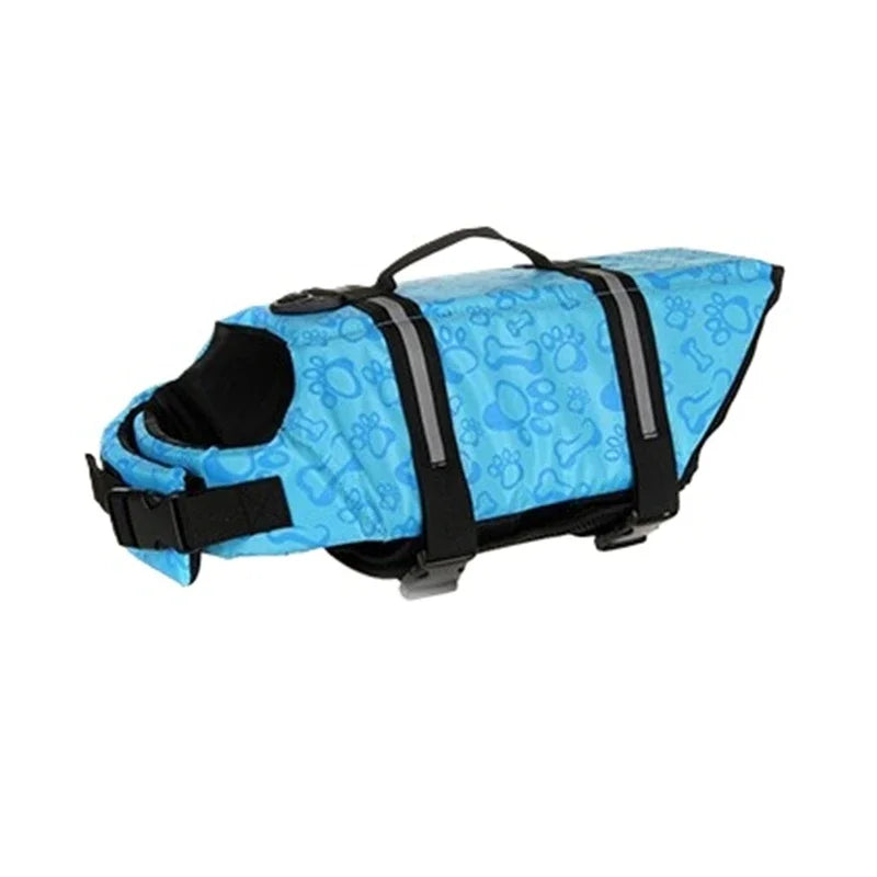 Chaleco salvavidas azul reflectante para perro con correas negras y diseño acolchado