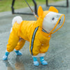 Un cachorro blanco con impermeable amarillo y orejas naranjas y botas azules, parado en pavimento mojado.