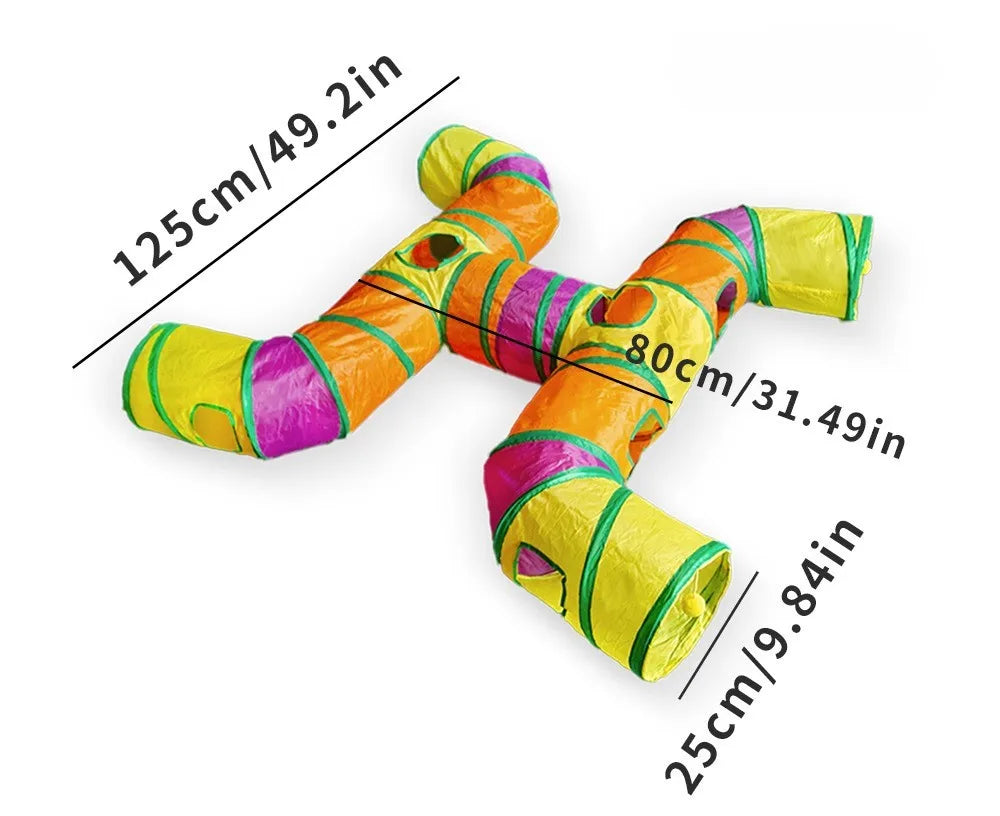 A colorful, flexible cat play tunnel designed for indoor exercise.