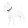A white dog model wearing a black and white checker pattern collar.