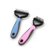 A pair of pink and blue stainless steel pet deshedding combs.