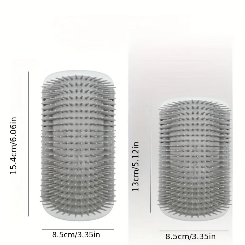 A gray cat self-groomer wall-mounted massage comb with 15.4cm length and 8.5cm diameter.