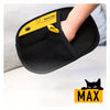 Black double-sided pet hair removal gloves with a yellow grip and MAX rating shown on a hand.