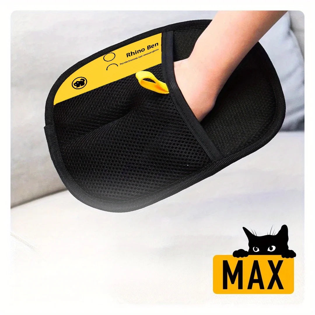 Black double-sided pet hair removal gloves with a yellow grip and MAX rating shown on a hand.