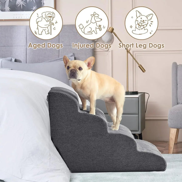 A light brown dog stands on a gray non-slip curved pet stairs ramp next to a bed.