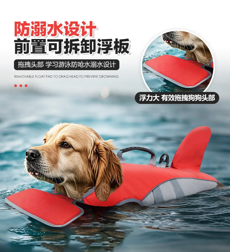 Un chien portant un gilet de sauvetage rouge flotte sur l'eau, avec un coussin flottant amovible visible.