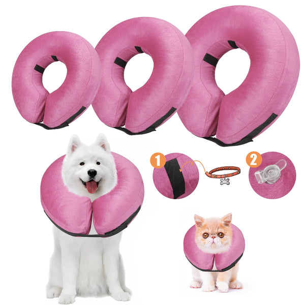 Pink inflatable recovery collar for dogs and cats shown with examples of use on a white dog and a cat