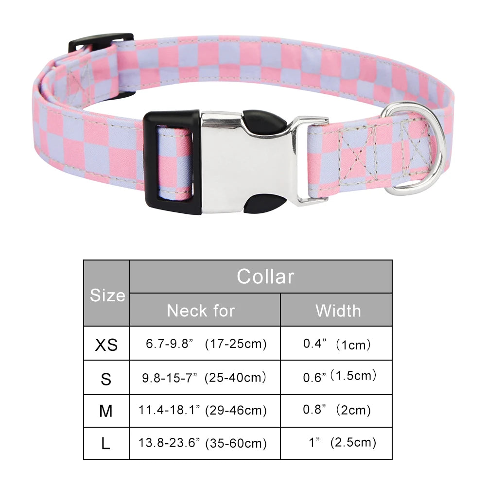 Pink and white checker pattern adjustable nylon dog collar with silver buckle for small to large dogs