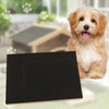 A light brown dog is sitting next to a black wooden nail scratching board with a treat box.
