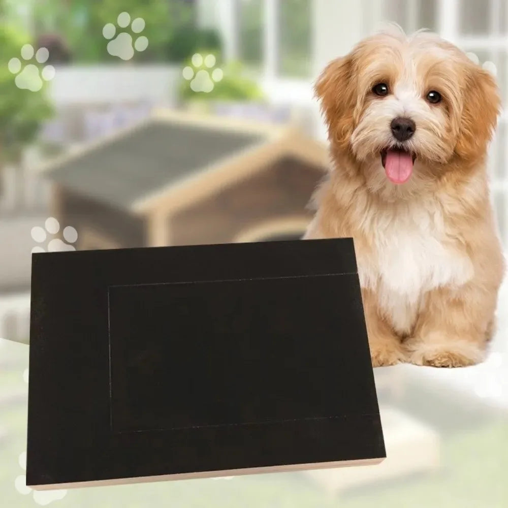 A light brown dog is sitting next to a black wooden nail scratching board with a treat box.