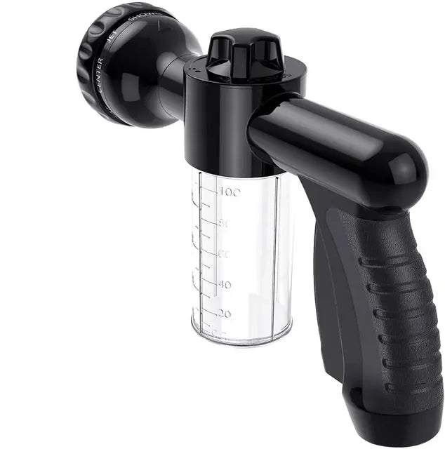 A black high-pressure foam cleaning gun with a clear tank and a black handle.