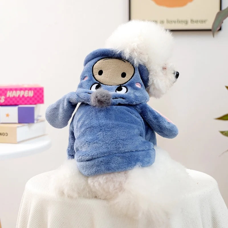 A fluffy blue flannel hoodie for a small dog with a light white fur collar.
