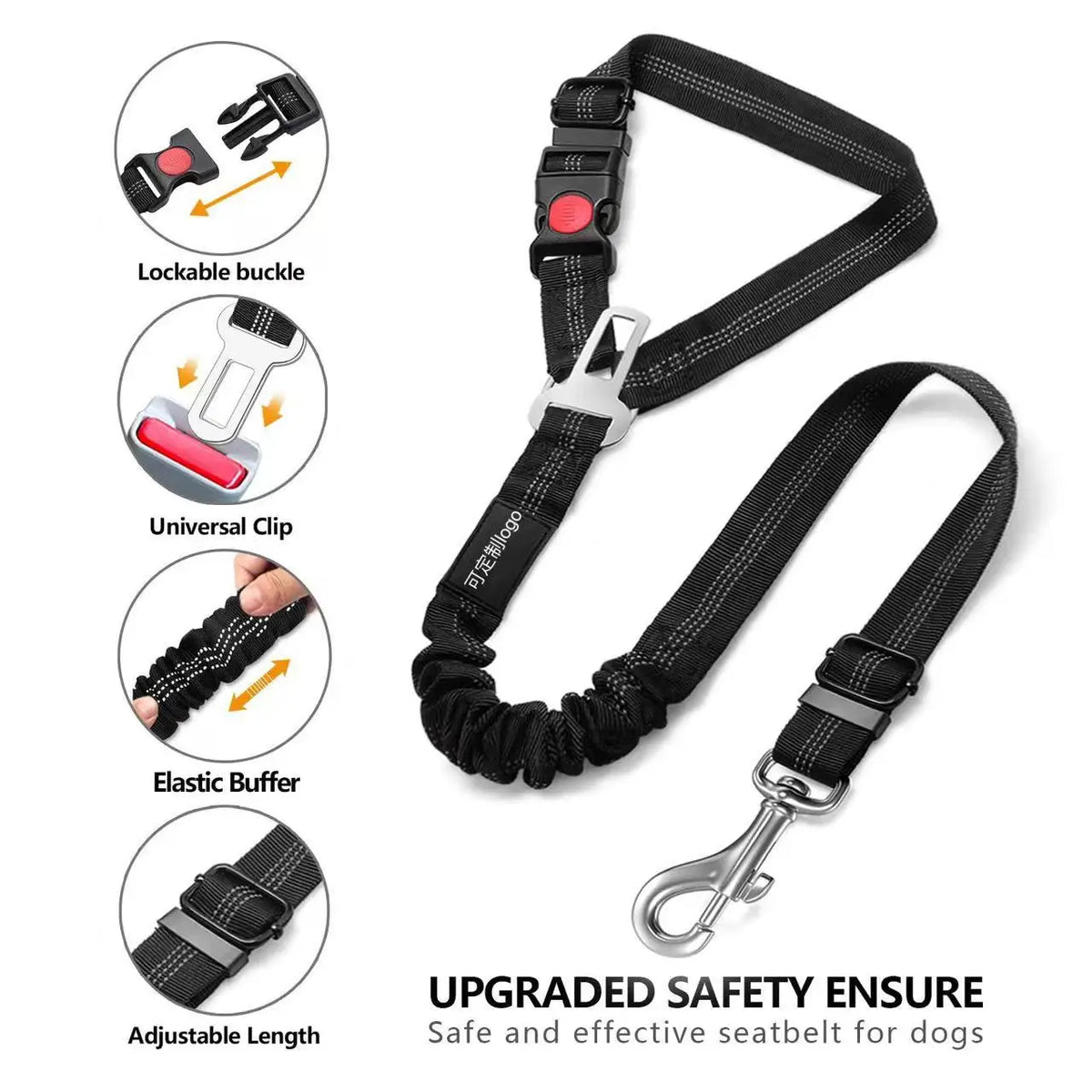 Automatic retractable dog leash with buckle and elastic buffer shown with various components.