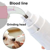 A close-up of an electric pet nail grinder with a grinding head being used on a dog's nail.