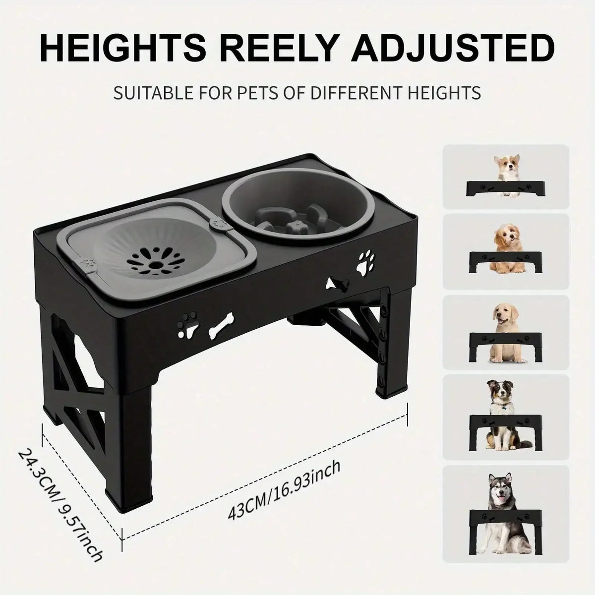 Black adjustable elevated dog bowl stand suitable for pets of different heights