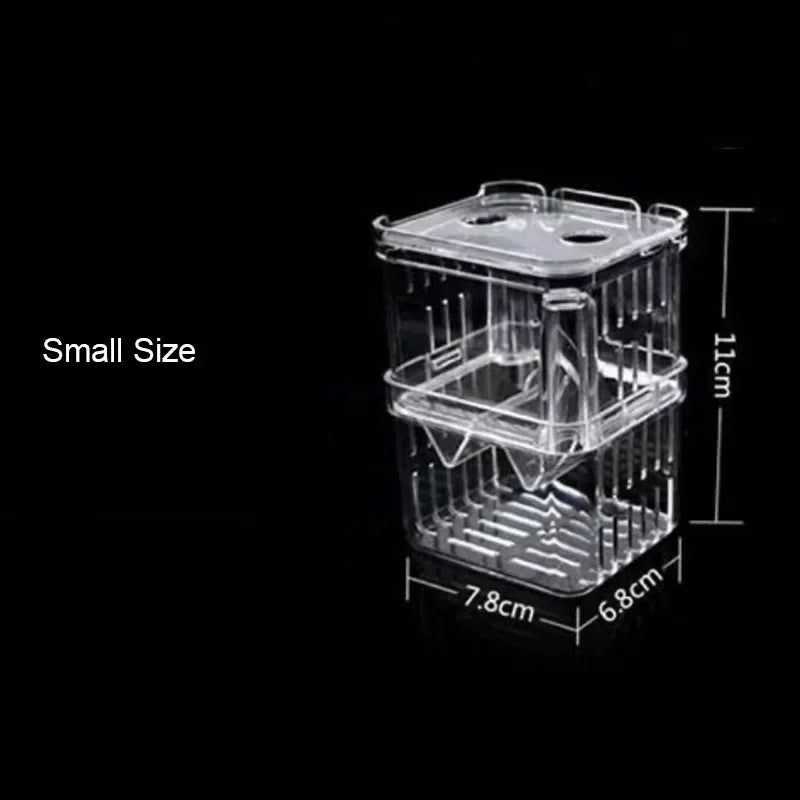 A clear acrylic fish breeding isolation box with a grid bottom and a lid, shown against a black background.