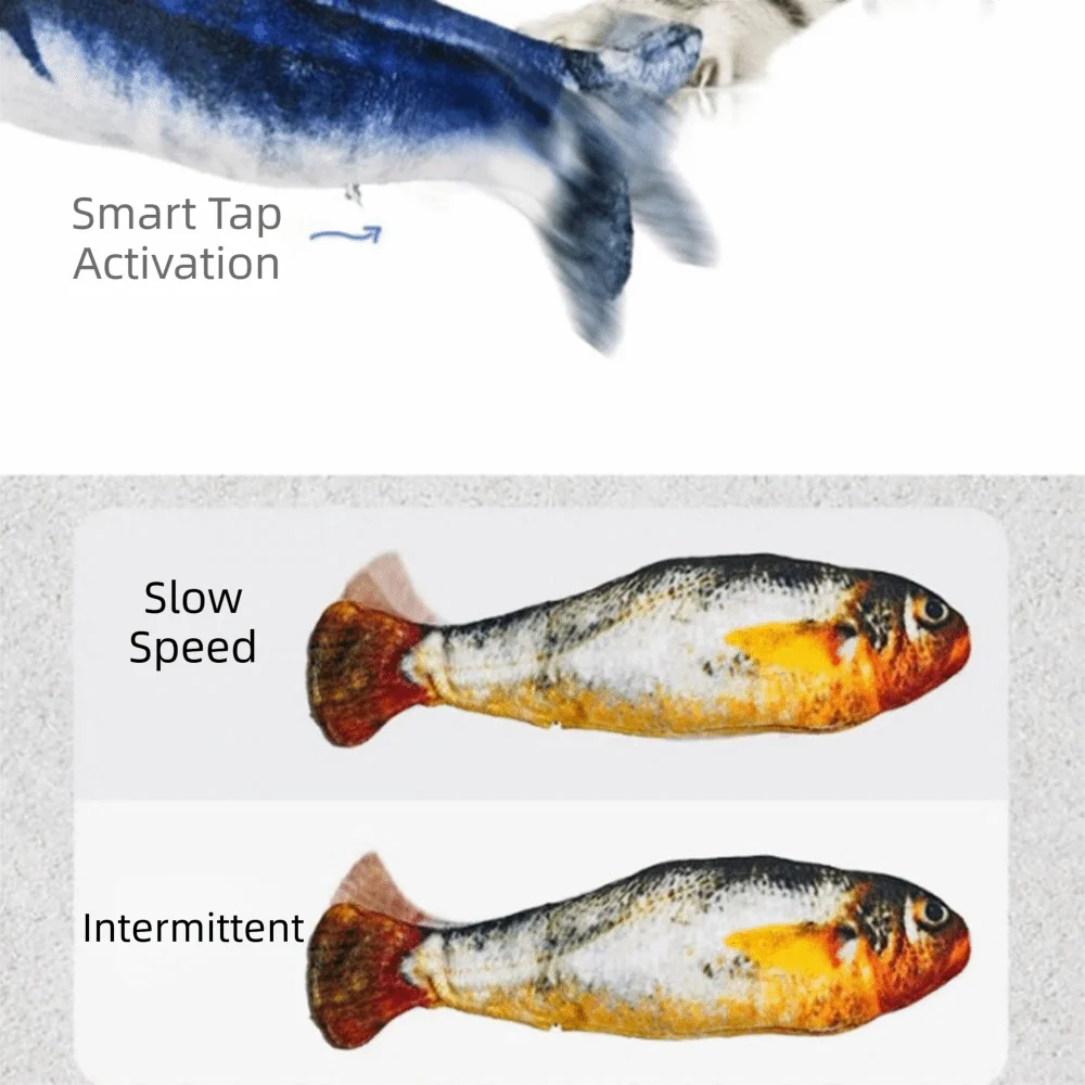 Nahaufnahme eines elektrischen Fischspielzeugs, das verschiedene Aktivierungsmodi zeigt: Smart Tap, langsame Geschwindigkeit 