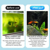 Before and after images showing a silicone brush used to clean a fish tank, removing algae and making the water clear.