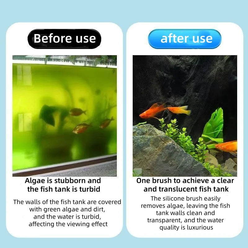 Before and after images showing a silicone brush used to clean a fish tank, removing algae and making the water clear.