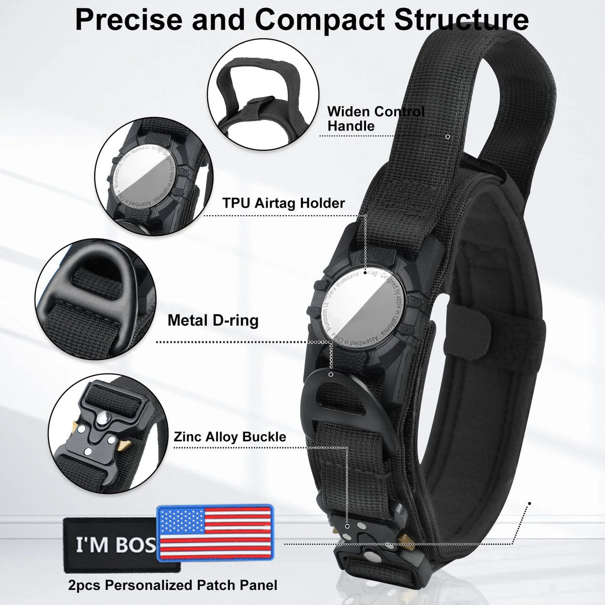 Black tactical dog GPS collar featuring a TPU AirTag holder, metal D-ring, and zinc alloy buckle.