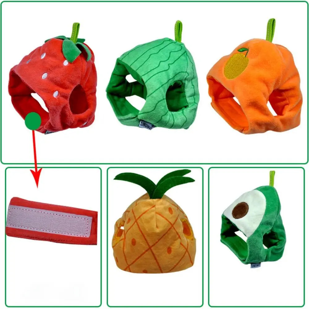 Adorable fruit-shaped pet hats for cats and dogs in strawberry, cucumber, and pineapple designs