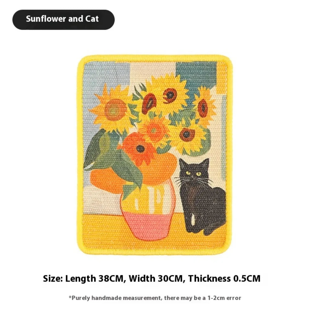 A yellow felted cat scratching board featuring sunflowers and a black cat.