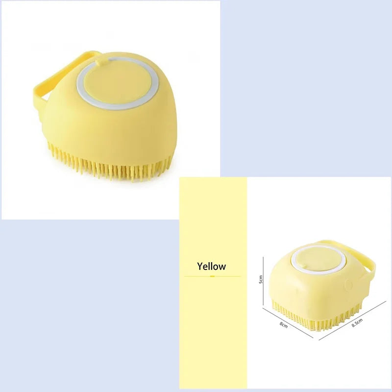 Yellow silicone pet bath massage brush with foam maker shown in a product display.