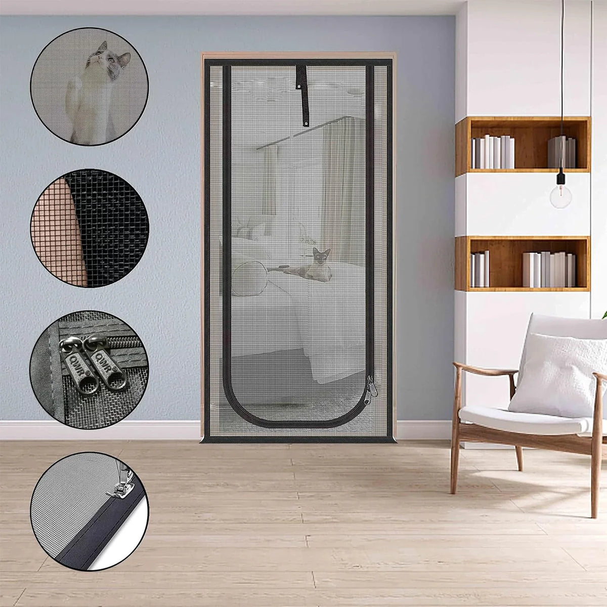 Una cortina mosquitera para mascotas de uso rudo, mostrada en un marco vertical con malla oscura y marco de madera.