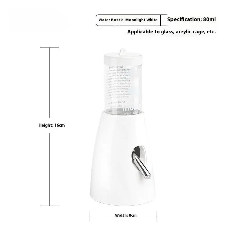 Distributeur d'eau à la lune en bouteille blanche pour hamsters, adapté aux cages en verre ou acrylique.