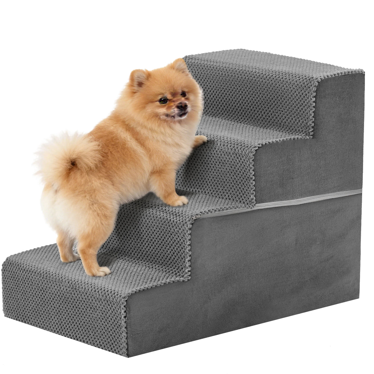 A fluffy orange dog is standing on a gray adjustable pet climbing stairs ramp for dogs.