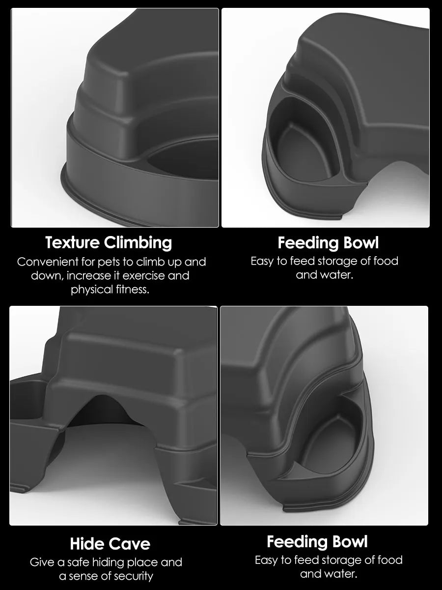 A set of dark gray reptile hide cave decorations featuring texture climbing and feeding bowls.
