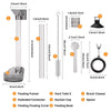 Diagram showing the components of an acrylic aquarium feeding tube, including a funnel, connector, suction cup, and feeding b