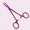A pair of professional stainless steel pet forceps with purple handles and a silver tip.