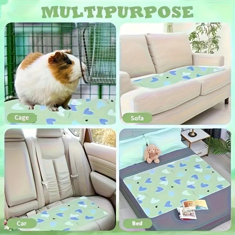 Multipurpose reusable absorbent pet pee pads shown in a cage, sofa, car seat, and bed.