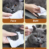 Four images showing plant-based multi-purpose pet wipes being used on a cat's face, butt, paw, and ear.