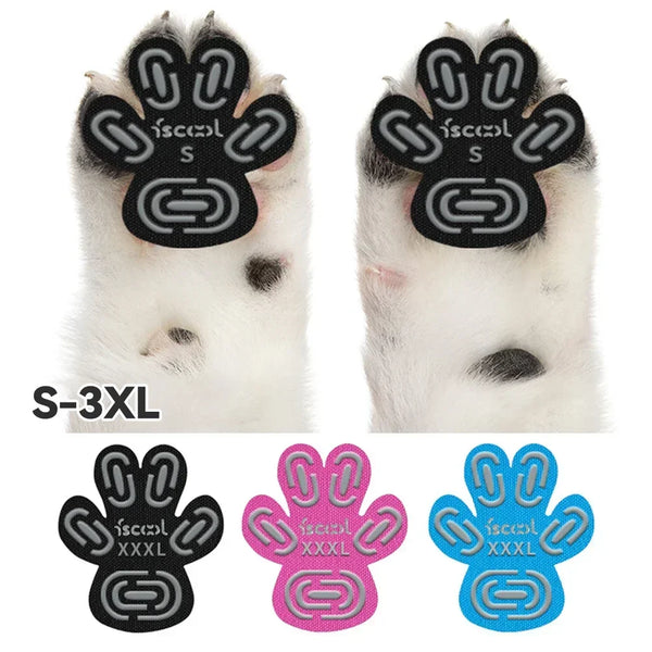 Set of pet paw grips in various sizes S-3XL, including black, pink, and blue.