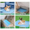 Various uses of a cooling pet mat including a pet bed, home use, in car, and outdoor comfort.