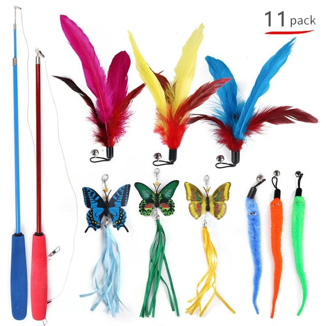 A pack of interactive cat toys featuring various feathers and plush attachments in colors like pink, yellow, red, blue, and g