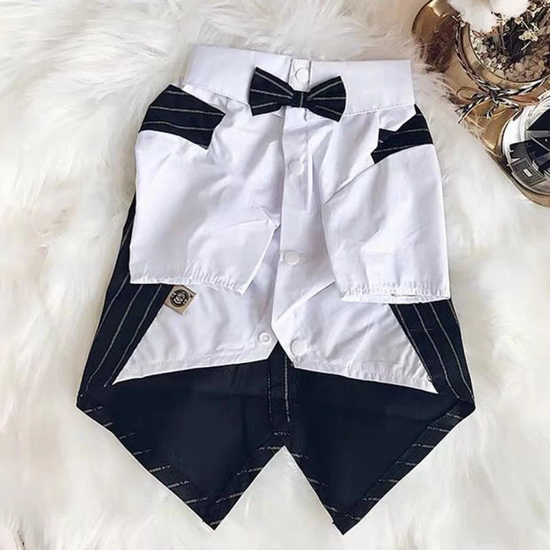 Camisa blanca con detalles negros y corbata negra sobre una superficie blanca y esponjosa.