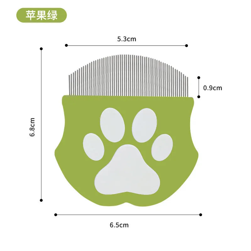 A green mini pet grooming comb with a paw-shaped head and a bristled back.
