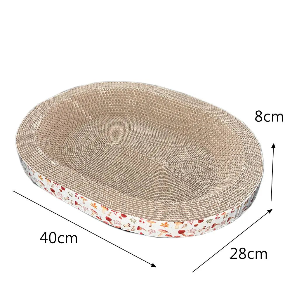 A beige cat scratching post with a textured surface and a decorative floral rim.
